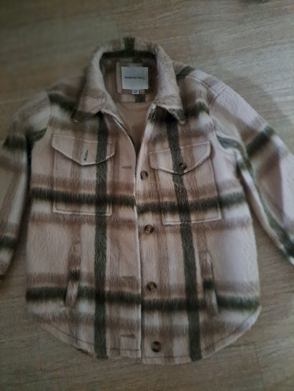 American Eagle Women  Outfitters Plaid Shacket Jacket - Beige & Olive - Picture 9 of 9